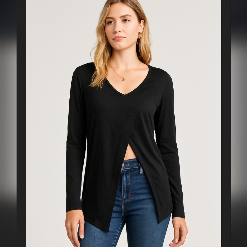 Aritzia Babaton Black Mindy Pima Cotton Tie Front Long Sleeve Tee in Bla…